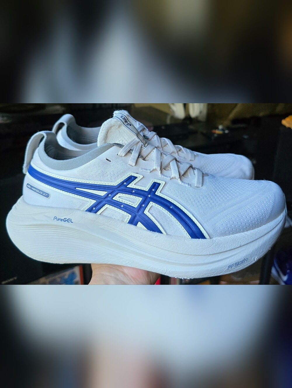 Sz 9 Women's ASICS GEL NIMBUS 27 ATC 'Birch/Indigo Blue' Running - Picture 3 of 8